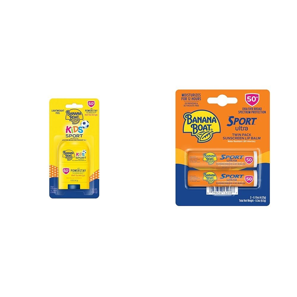 Banana Boat Kids Sport Sunscreen Stick SPF 50, 0.5oz & Sport Ultra SPF 50 Lip Sunscreen Twin Pack | SPF Lip Balm Pack, Banana Boat Lip Balm SPF 50, Oxybenzone Free Sunscreen