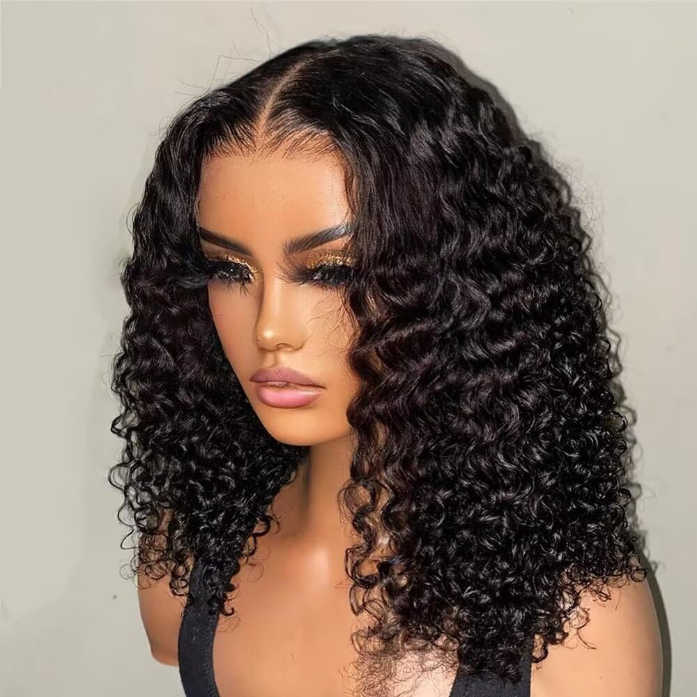 180 Density Water Wave Short Bob Wig HD Transparent 13x4 Lace Frontal Wig Pre Plucked Deep Curly Lace Front Wig Human Hair For Women Ready to Go Wear Glueless Wig Middle Part Natural Color 8Inch