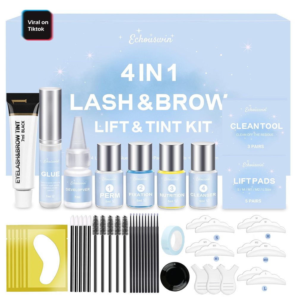 4 in 1 Lash & Brow Lift and Color Kit,Professional Eyelash Lift Kit & Brow Lamination Kit, Quick Curling Perming & Voluminous Coloring with Complete Tools DIY, Suitable for Salon & Home Use (Black)