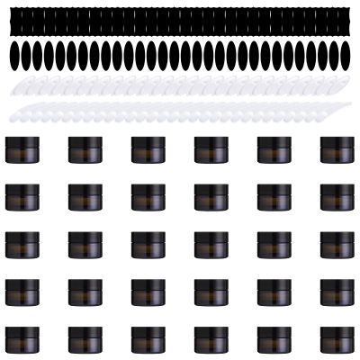 Yauhar 120Pcs 5g Amber Glass Jars Assortment Kit with Inner Liners and Black Lids, Spoons and blank labels for Storing Lip and Body Scrub, Lotion, Body Butter, Bath Salts