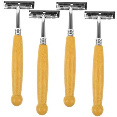 FOMIYES 4pcs Stainless Steel Blade Bamboo Handle Razor Men Beard Trimmer Hair Clipper