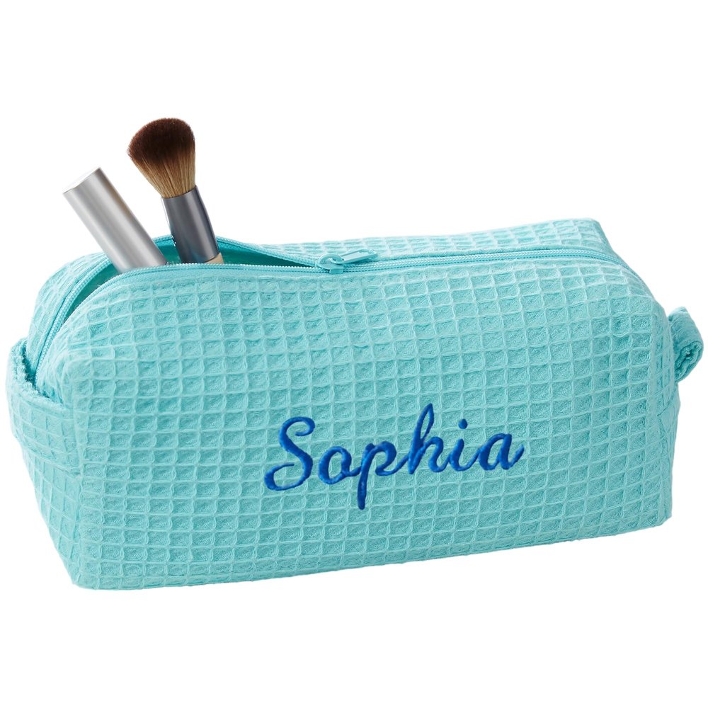 Personalization Universe Personalized Ladies Embroidered Makeup Bag - Waffle Weave, Machine Washable, Custom Name/Initial - Great Bridesmaid & Birthday Gift - Travel/Cosmetic Bag - Mint