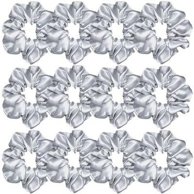 12 Pcs Satin Silk Scrunchies, Soft Hair Ties & Bands, Hair Bow Ropes, Elastic Ponytail Holders & Bracelets Hair Accessories for Women and Girls (4.5 Inch, Light Gray)