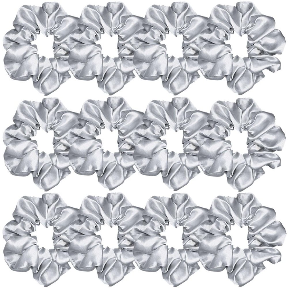 12 Pcs Satin Silk Scrunchies, Soft Hair Ties & Bands, Hair Bow Ropes, Elastic Ponytail Holders & Bracelets Hair Accessories for Women and Girls (4.5 Inch, Light Gray)
