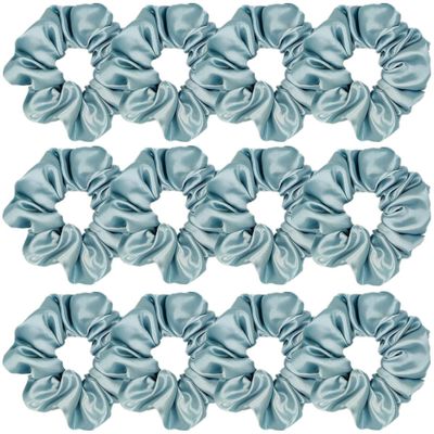 12 Pcs Satin Silk Scrunchies, Soft Hair Ties, Fashion Hair Bands, Bows, Ropes, Elastic Bracelets & Ponytail Holders for Women and Girls (4.5 Inch, Blue Gray)