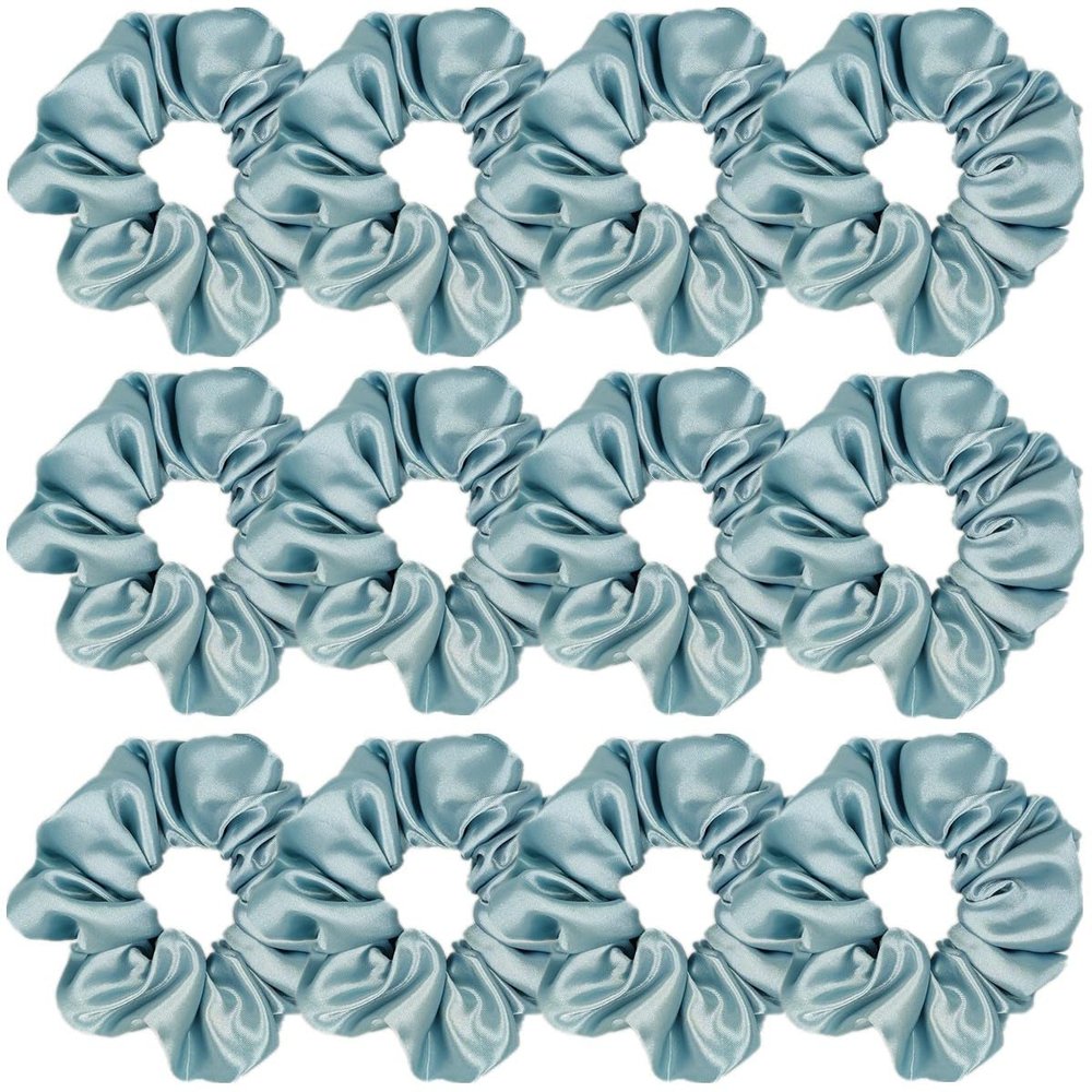 12 Pcs Satin Silk Scrunchies, Soft Hair Ties, Fashion Hair Bands, Bows, Ropes, Elastic Bracelets & Ponytail Holders for Women and Girls (4.5 Inch, Blue Gray)