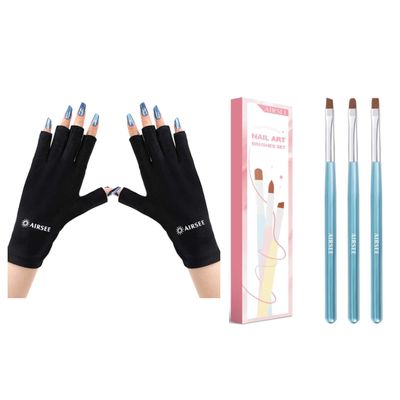 AIRSEE UV Gloves for Nail Lamp,Professional UPF50+ UV Protection Gloves for Manicures Nail Art Nail Art Clean Up Brushes, 3 Pcs Painting Brushes for Nails with Flat/Oval/Fine Angled Brush
