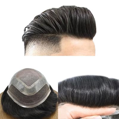 Men Hair Replacement System Mens Toupee French Lace Front Human Hairpiece Durable Fine Mono Poly Skin Toupee For Men Natural Hairline #1B10 Natural Black+10% Gray