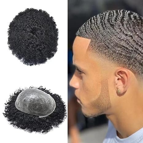 Afro Hair Units for Black Men Hair System African American Men Full Poly Injection Afro Mens Toupee Brazilian Human Hair Piece Thin Skin Man Weave Afro Toupee for Men 8X10 8MM Afro Wave #1B Off Black