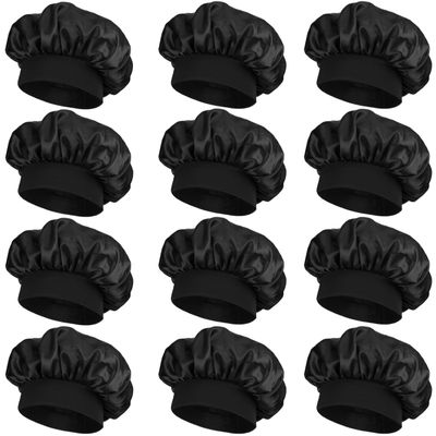 12 Pieces Satin Bonnet Hat For Women Sleeping Shower Caps Curly Hair Silky Bonnet Hair Wrap (Black)