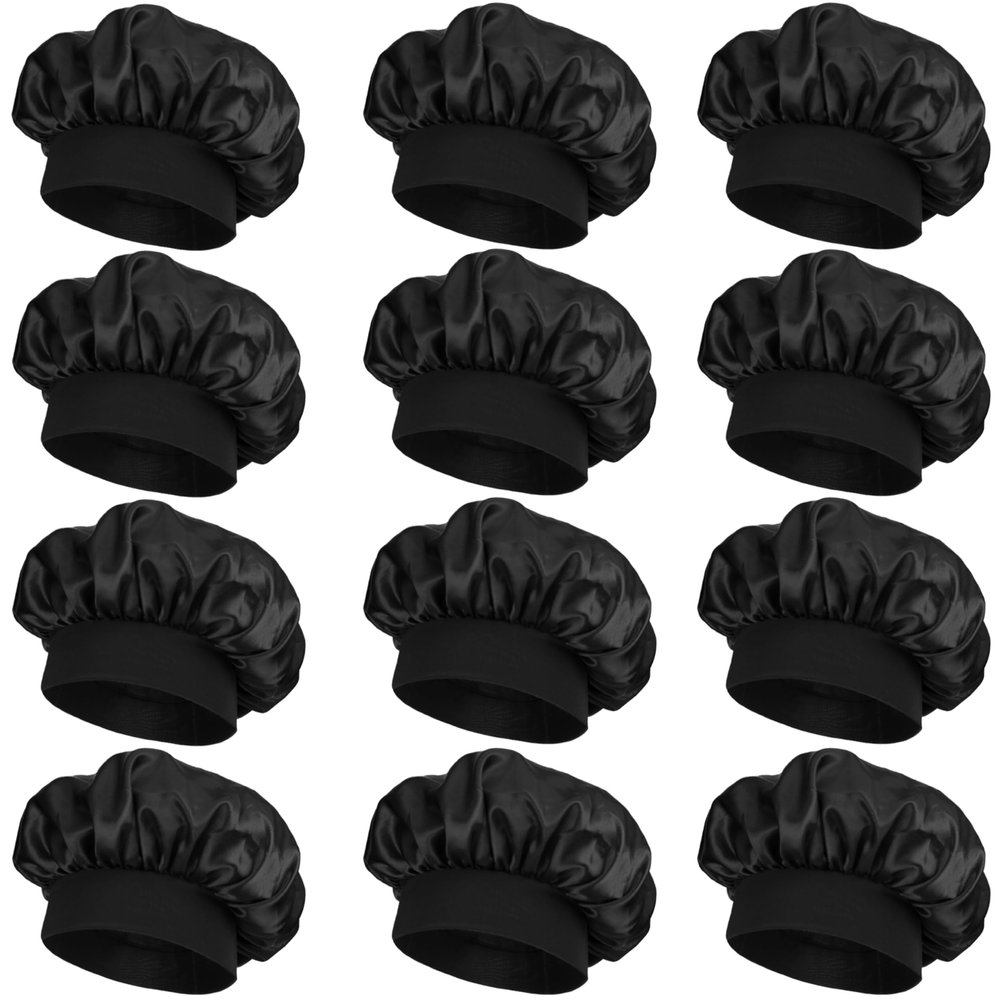 12 Pieces Satin Bonnet Hat For Women Sleeping Shower Caps Curly Hair Silky Bonnet Hair Wrap (Black)