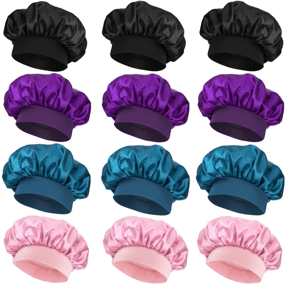 12 Pieces Satin Bonnet Hat For Women Sleeping Shower Caps Curly Hair Silky Bonnet Hair Wrap (Multi2)