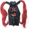 DORAFEI Latex Hood with Red Trim with Double Red Ponytail Wigs Back Zipper Rubber Mask Cosplay Club Wear (Custom color, L, With Black wigs) view 2
