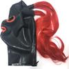 DORAFEI Latex Hood with Red Trim with Double Red Ponytail Wigs Back Zipper Rubber Mask Cosplay Club Wear (Custom color, L, With Black wigs) view 3