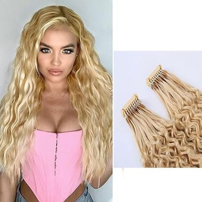6D 1st Generation Hair Extensions Hair, 100% Real Human Hair,-#613 Blonde Hair Water Wave Hair Extensions,Perm And Dye Hair & Reuse,10 Rows,12INCH