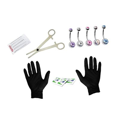 GALPADA 15pc Professional Fake Belly Button Piercing Kit Navel Ring Set Gloves Tools Stainless Steel High Polished (14g) Random