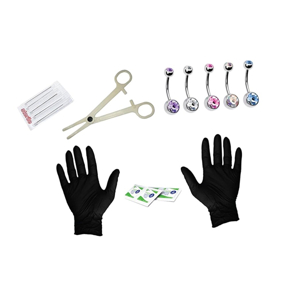 GALPADA 15pc Professional Fake Belly Button Piercing Kit Navel Ring Set Gloves Tools Stainless Steel High Polished (14g) Random
