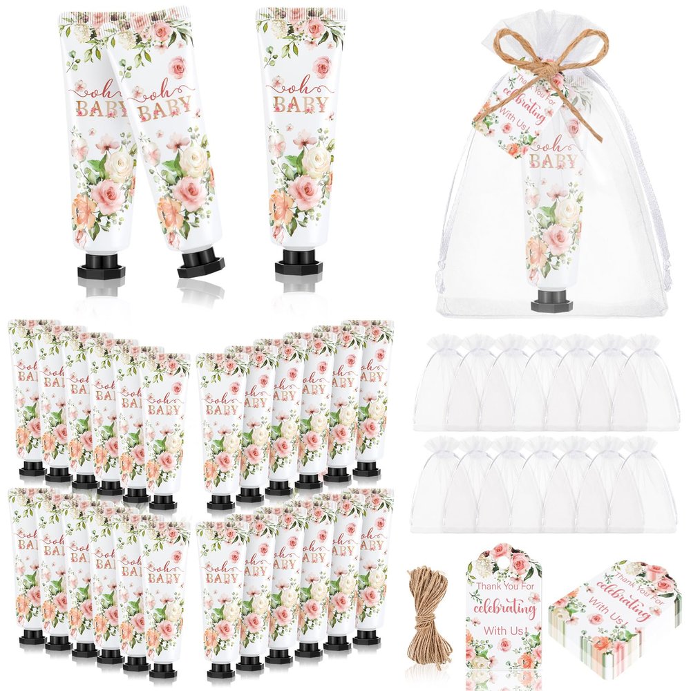 Dansib 48 Sets Winter Baby Shower Hand Cream Gift Party Favors for Guests Gift Bulk Mini Travel Size Hand Lotion Set for Guests(Flower)