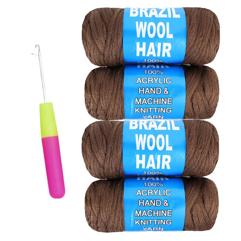 4 Roll Natural Brazilian Wool Hair for Jumbo Braids Braiding Hair Senegalese Twist Crochet Hair Extensions 100% Wool Yarn for Soft Faux Locs Crochet Hair for Black Women(Dark Brown, 4Roll)