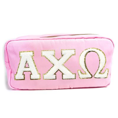 Alpha Chi Omega Nylon Makeup Travel Bag, Glitter Greek Letter Patch, Cosmetic Case - Pink - X