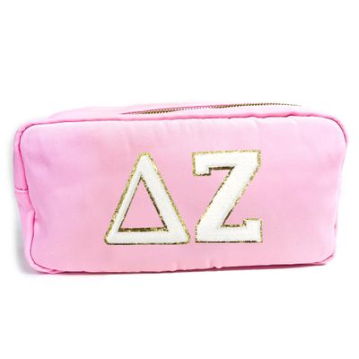 Delta Zeta Nylon Makeup Travel Bag, Glitter Greek Letter Patch, Cosmetic Case - Pink - 