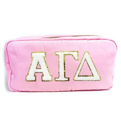 Alpha Gamma Delta Nylon Makeup Travel Bag, Glitter Greek Letter Patch, Cosmetic Case - Pink - 