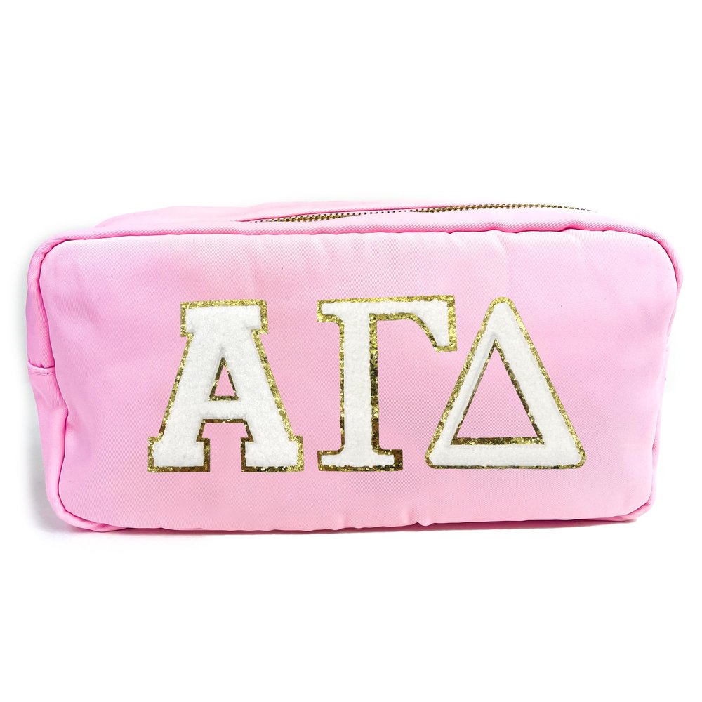 Alpha Gamma Delta Nylon Makeup Travel Bag, Glitter Greek Letter Patch, Cosmetic Case - Pink -