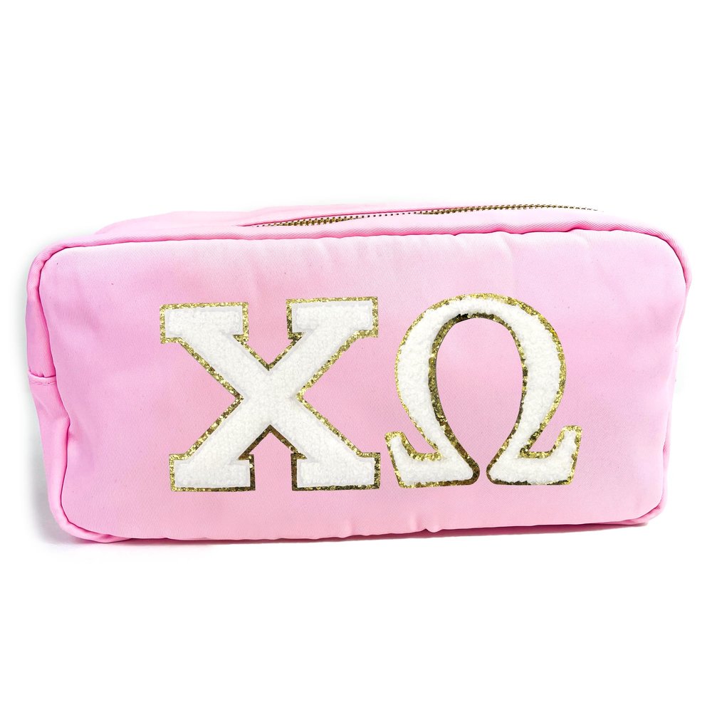 Chi Omega Nylon Makeup Travel Bag, Glitter Greek Letter Patch, Cosmetic Case - Pink - 
