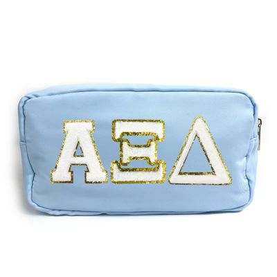 Alpha Xi Delta Nylon Makeup Travel Bag, Glitter Greek Letter Patch, Cosmetic Case - Blue - 