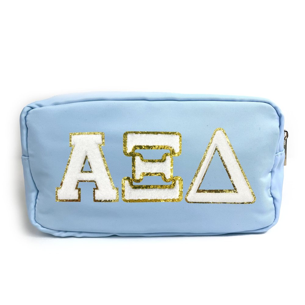 Alpha Xi Delta Nylon Makeup Travel Bag, Glitter Greek Letter Patch, Cosmetic Case - Blue -