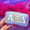 Alpha Xi Delta Nylon Makeup Travel Bag, Glitter Greek Letter Patch, Cosmetic Case - Blue -  view 3