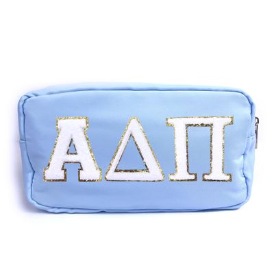 Alpha Delta Pi Nylon Makeup Travel Bag, Glitter Greek Letter Patch, Cosmetic Case - Blue - 