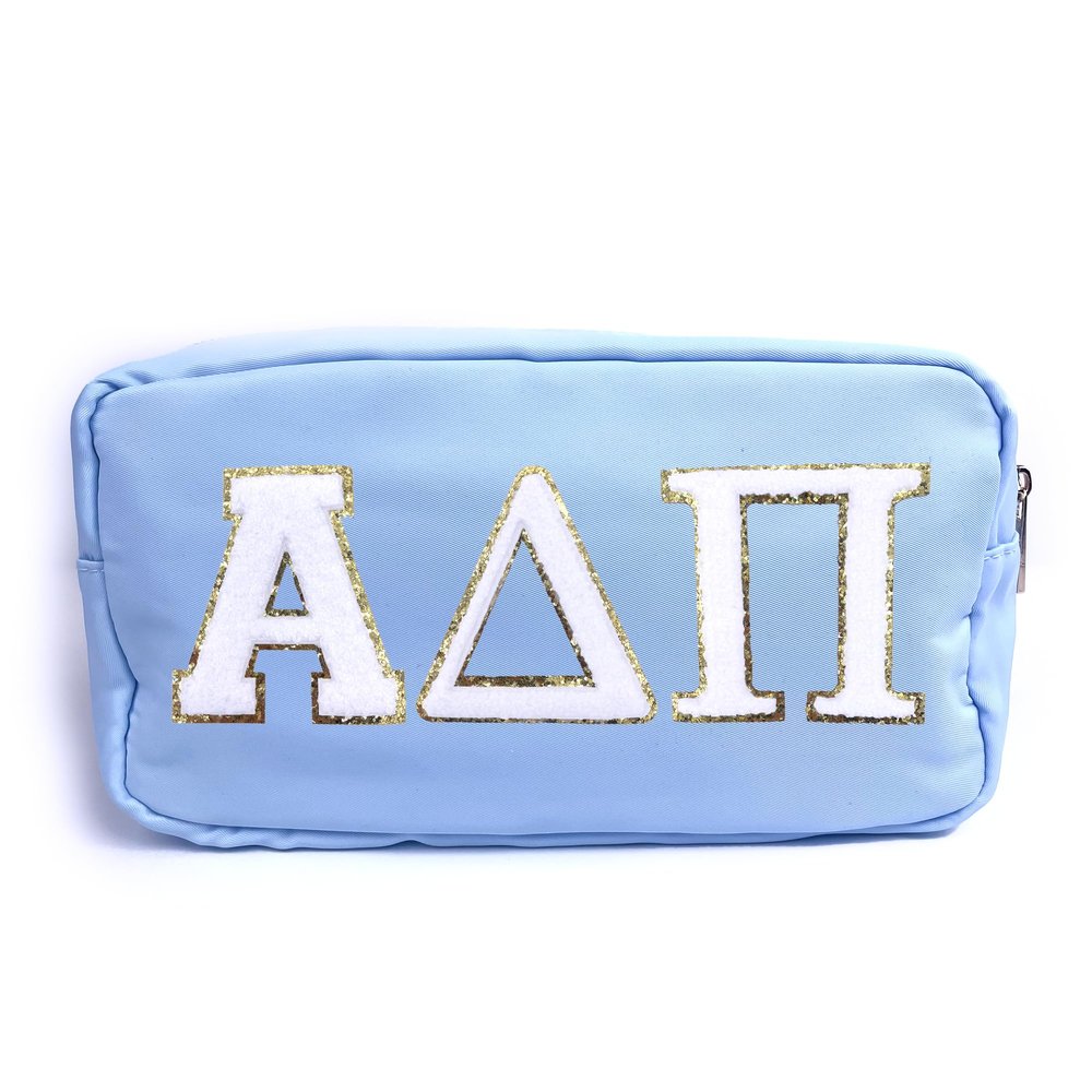 Alpha Delta Pi Nylon Makeup Travel Bag, Glitter Greek Letter Patch, Cosmetic Case - Blue - 
