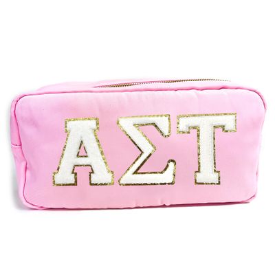 Alpha Sigma Tau Nylon Makeup Travel Bag, Glitter Greek Letter Patch, Cosmetic Case - Pink - 
