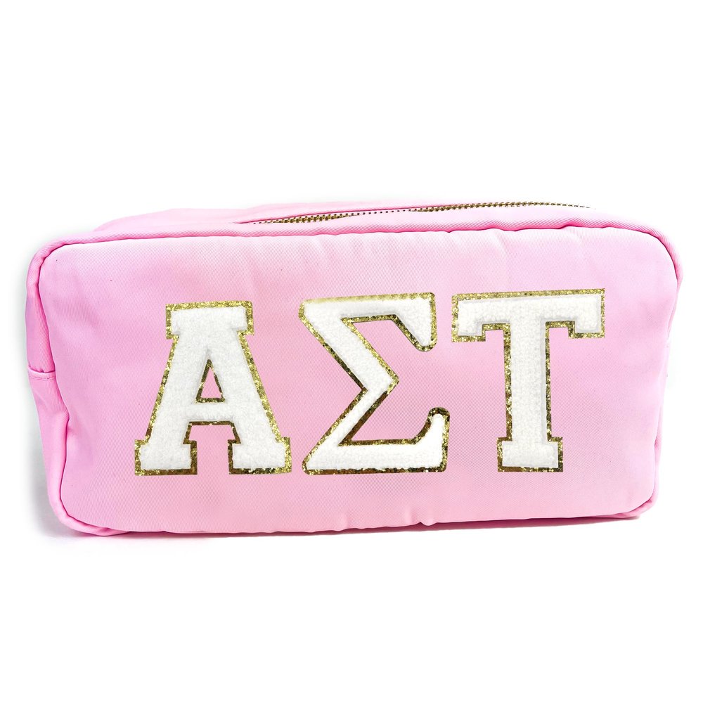 Alpha Sigma Tau Nylon Makeup Travel Bag, Glitter Greek Letter Patch, Cosmetic Case - Pink -