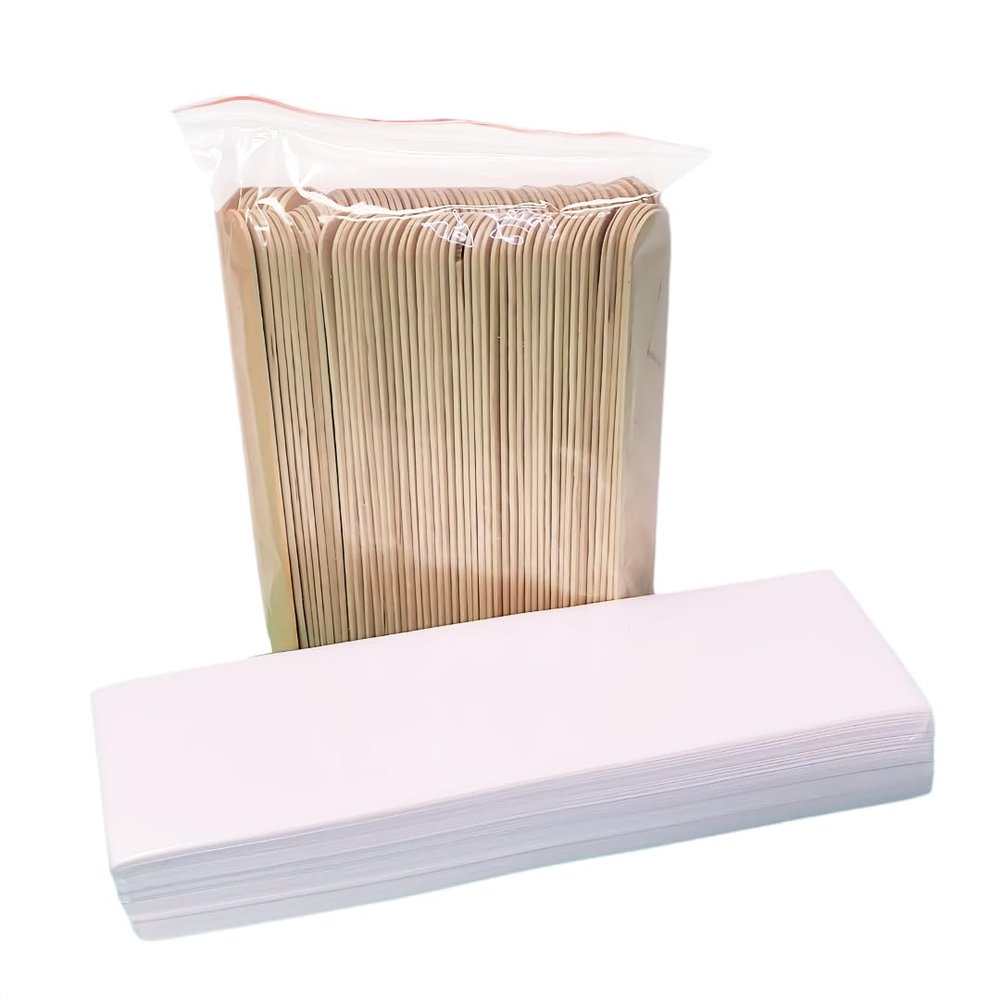 Essenavita 100 pre cut non-woven wax strips and 100 large wooden body waxing sticks professional quality strips and depilatory sticks for applying and hair removal kit