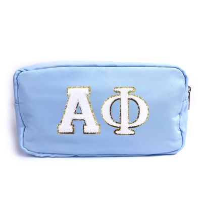 Alpha Phi Nylon Makeup Travel Bag, Glitter Greek Letter Patch, Cosmetic Case - Blue - 