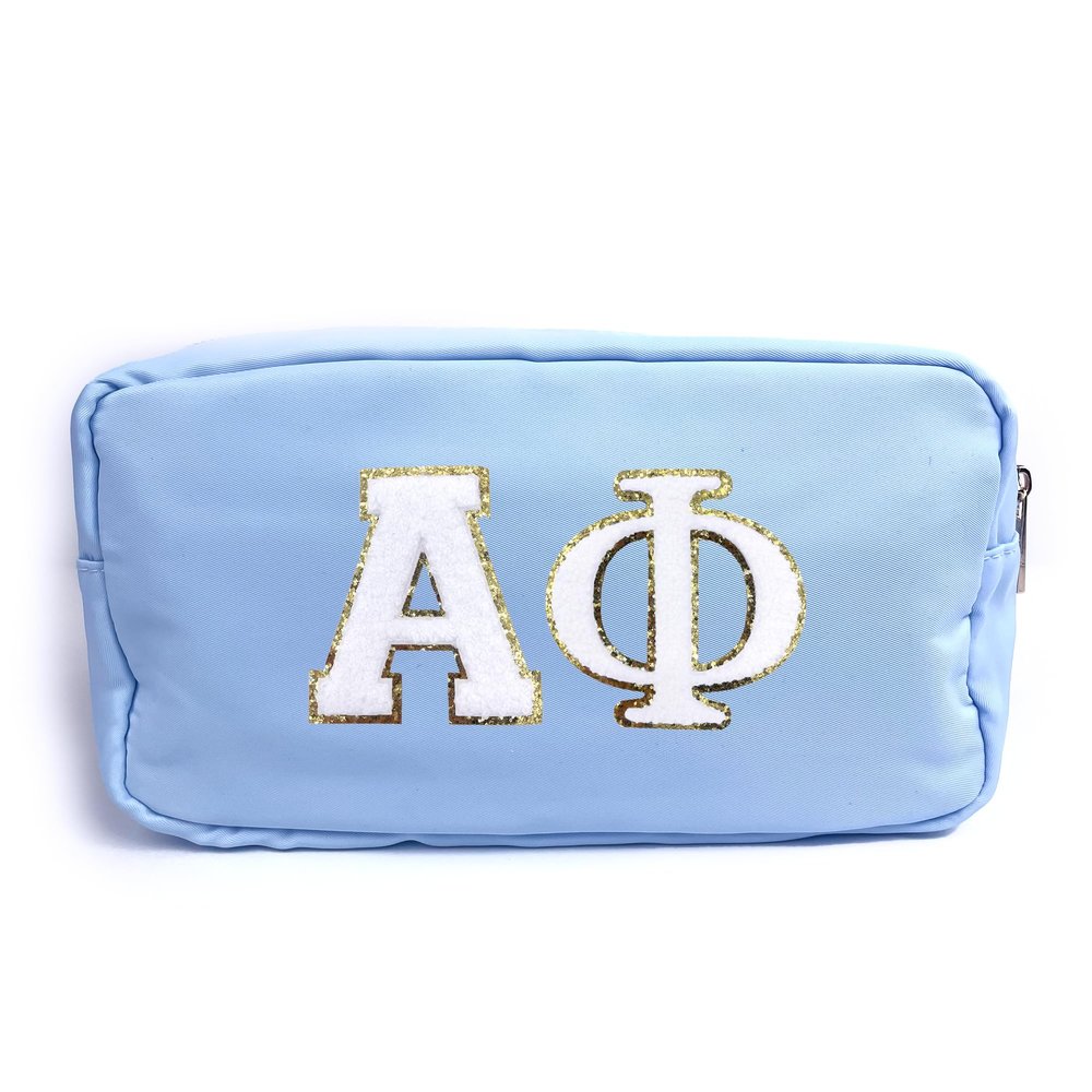 Alpha Phi Nylon Makeup Travel Bag, Glitter Greek Letter Patch, Cosmetic Case - Blue - 