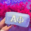 Alpha Phi Nylon Makeup Travel Bag, Glitter Greek Letter Patch, Cosmetic Case - Blue -  view 3