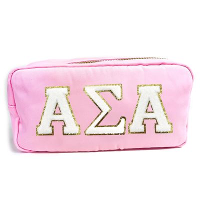 Alpha Sigma Alpha Nylon Makeup Travel Bag, Glitter Greek Letter Patch, Cosmetic Case - Pink - 