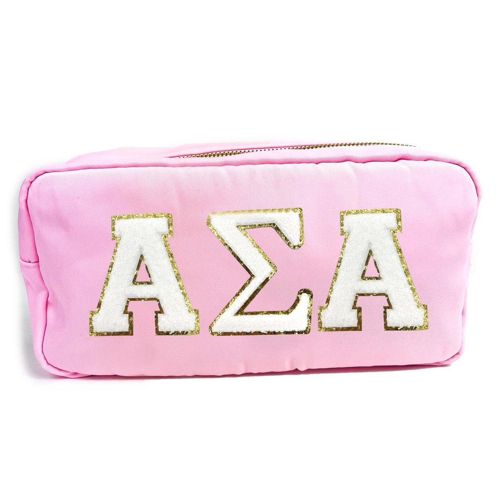 Alpha Sigma Alpha Nylon Makeup Travel Bag, Glitter Greek Letter Patch, Cosmetic Case - Pink -