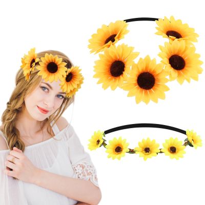 2pcs Sunflower Crown Wreath Adjustable Ribbon Bohemian Hawaiian Stretch Headpiece Floral Crown Garland Headbands Photo Prop Elastic Hair Bands for Halloween Christmas Festival Wedding Party Girl Women