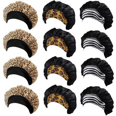 12 Pieces Satin Bonnet Hat For Women Sleeping Shower Caps Curly Hair Silky Bonnet Hair Wrap (Leopard)