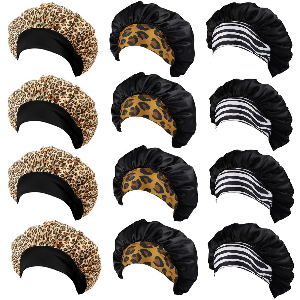 12 Pieces Satin Bonnet Hat For Women Sleeping Shower Caps Curly Hair Silky Bonnet Hair Wrap (Leopard)