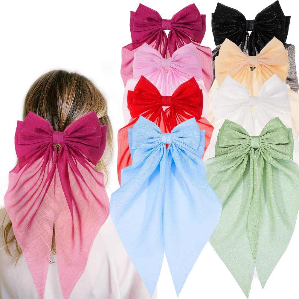 8 Pack Large Hair Bows for Women Big Bow Hair Clips Handmade Hair Ribbons Clips French Barrette Bowknot with Long Tail Hair Accessories for Women Girls