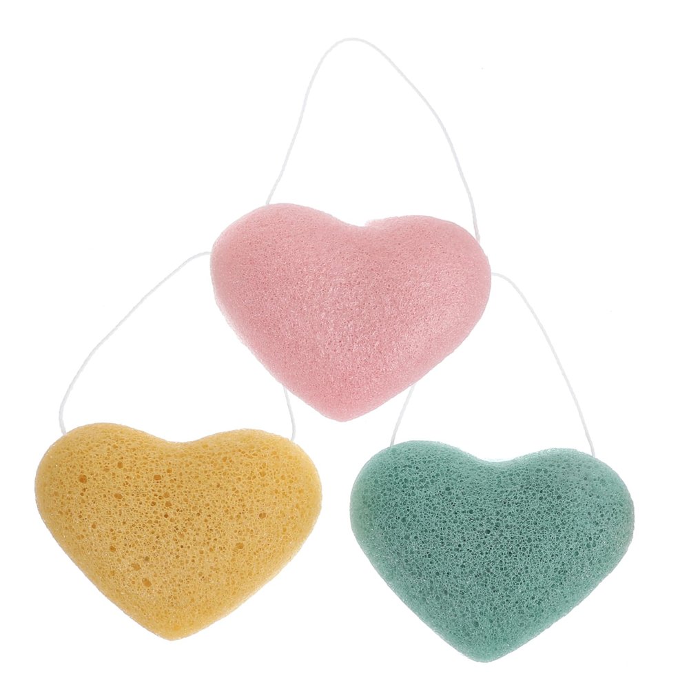 HAKIDZEL 3pcs Heart-Shaped Facial Cleansing Sponges for Women Exfoliating Deep Clean Soft Cosmetic Removal Pads Yellow Green and Pink for Skin Types