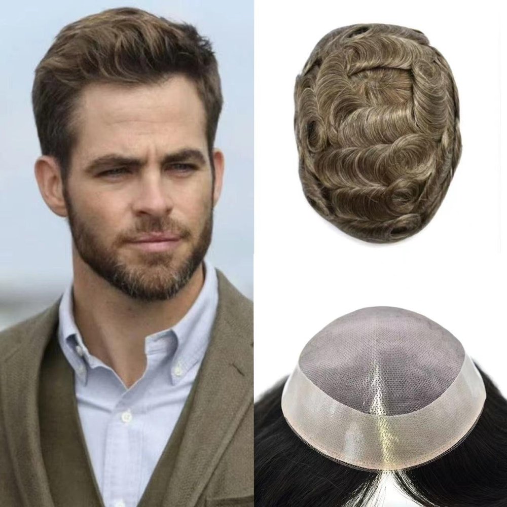 Durable Human Hair System For Men Fine Mono With Poly Coating Around Mens Toupee NPU Mens Hair Replacement System 72 Colors Hairpiece 7"x9" 620# 6# Light Brown + 20% gray-120% density