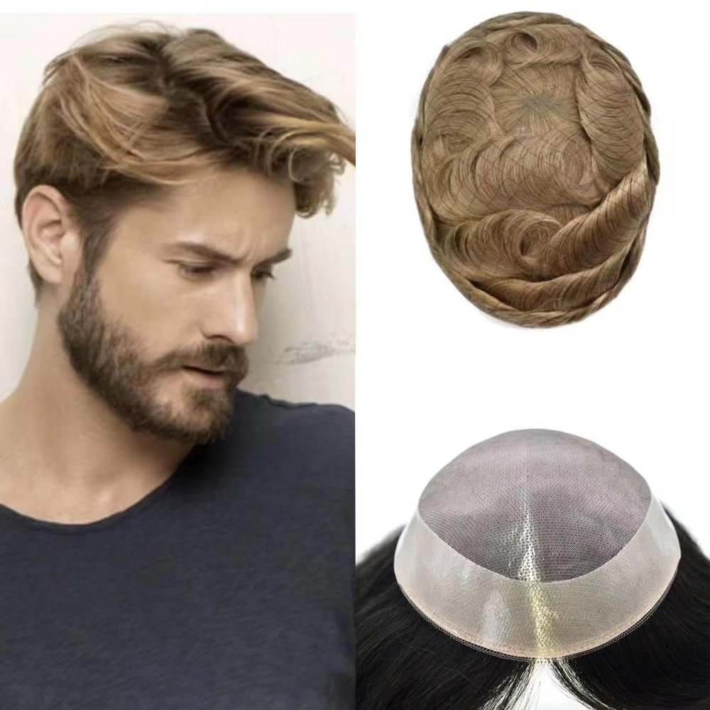 Durable Human Hair System For Men Fine Mono With Poly Coating Around Mens Toupee NPU Mens Hair Replacement System 72 Colors Hairpiece 6"x8" 20# Light Ash Blonde-120% density
