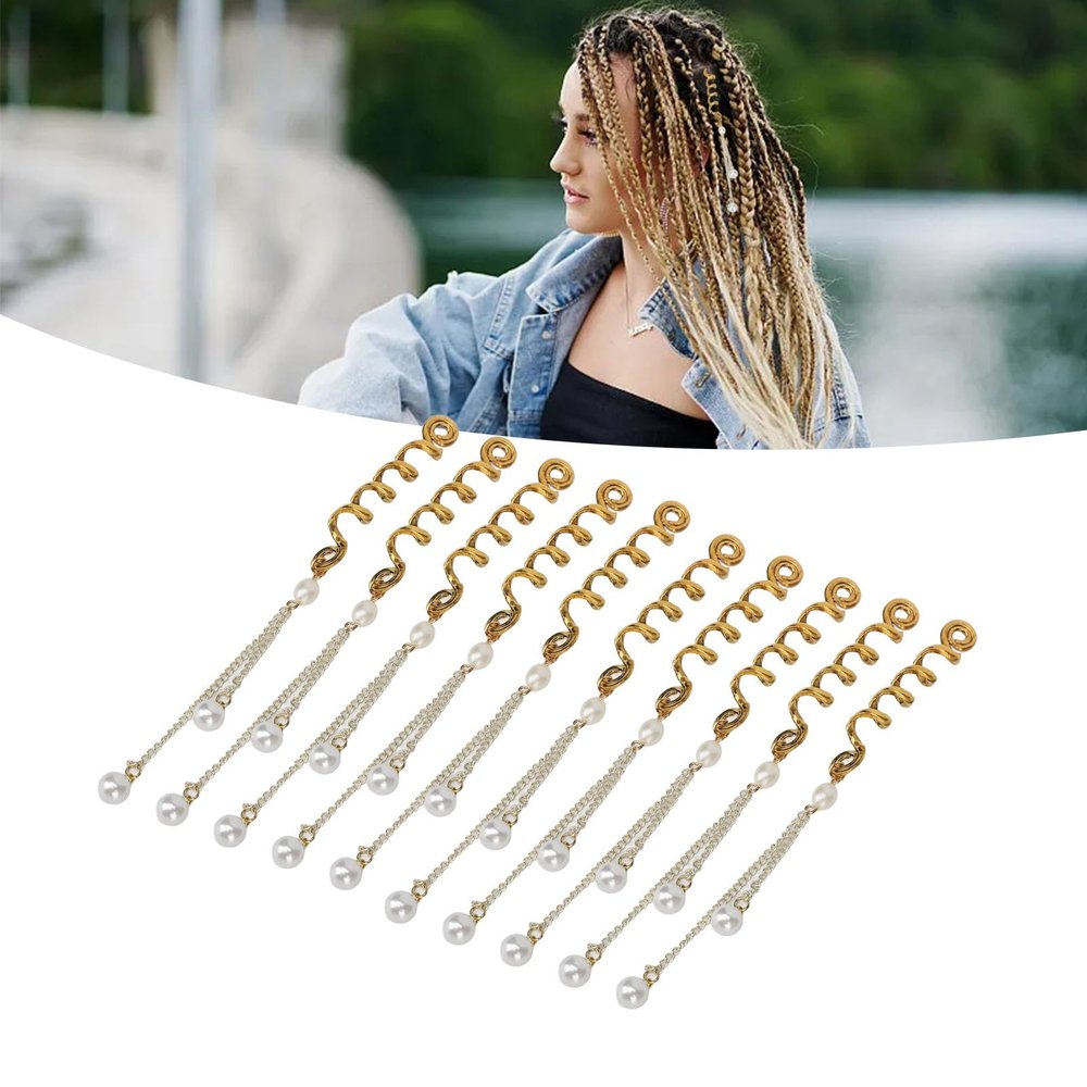 10PCS Dreadlocks, Hair Jewelry,Artificial Pearl Spring Alloy Hair Braiding Rings Hair Clip Gold