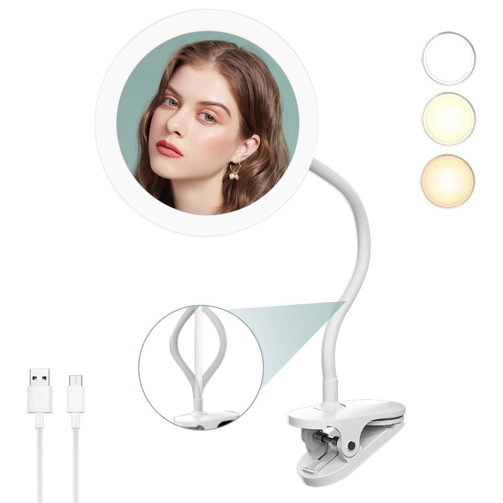 6.5" Clip-On Magnifying Vanity Mirror - 5X Magnification, USB Rechargeable, Lighted, Travel-Friendly (White)